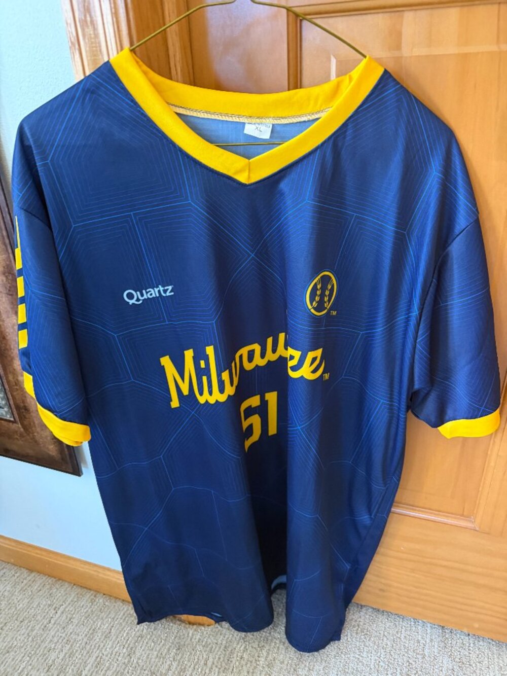 Brewers Navy Blue Yellow Jersey V=Neck Tee Large